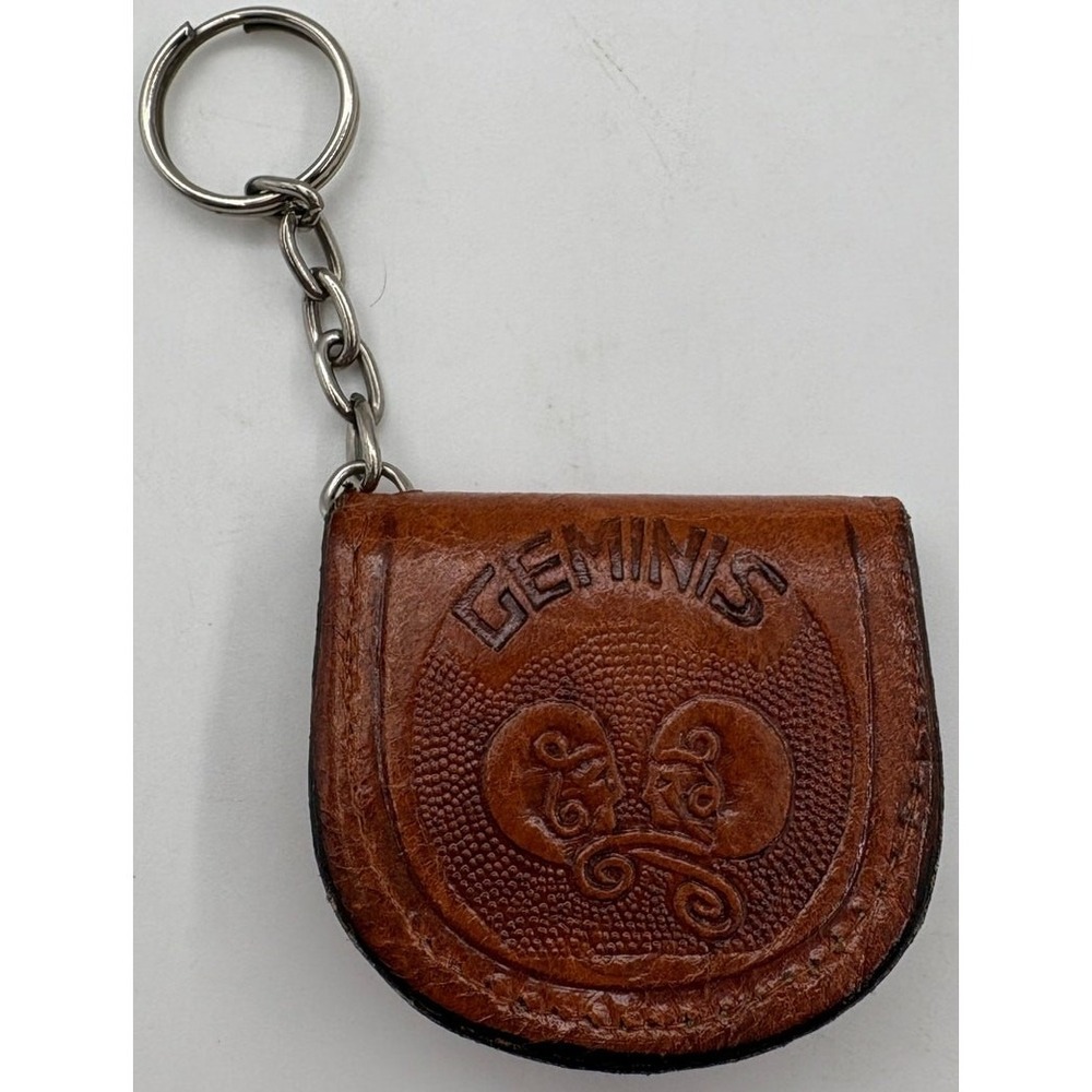 Geminis Leather Coin Holder Keychain Brown Made in Mexico Vintage - Picture 3 of 5